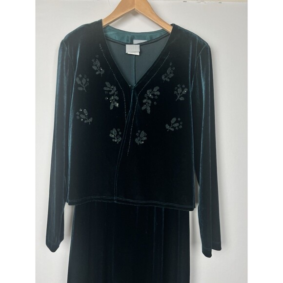 Vintage Forest Green Velvet Maxi Dress & Jacket Beaded Y2K Shoulder Pads USA 12 - Picture 8 of 16